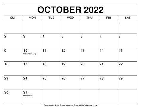 October 2022 Calendar Wiki
